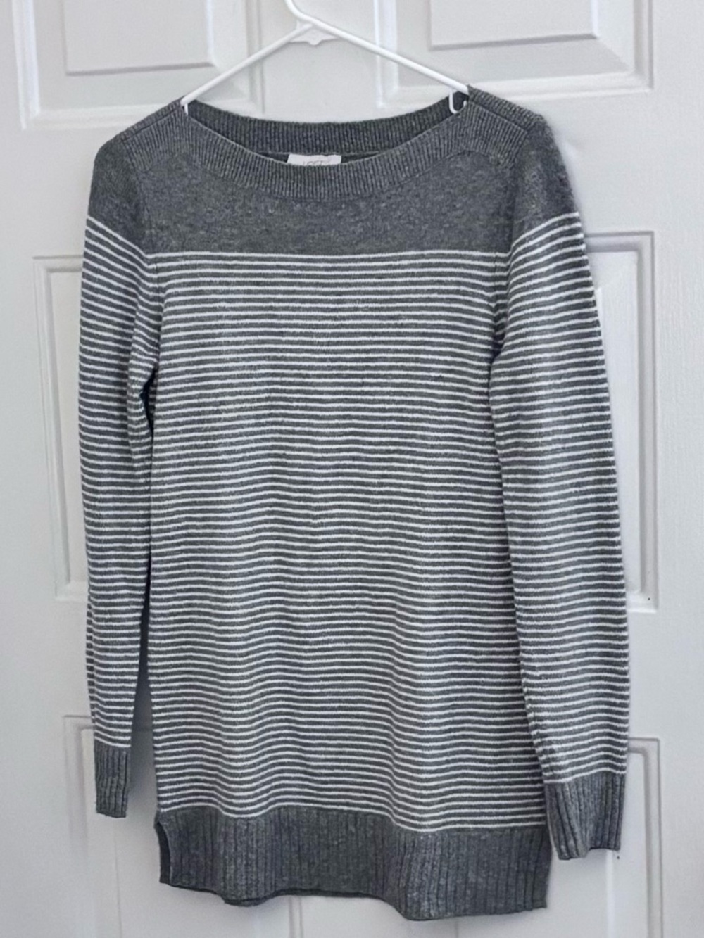 LOFT Gray & White Striped Boatneck Sweater